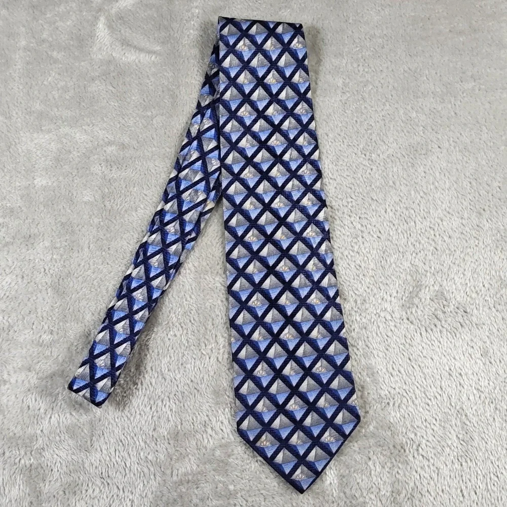 Vintage Ermenegildo Zegna Tie Mens 56X4 Blue Geometric Grid Silk Made In Italy